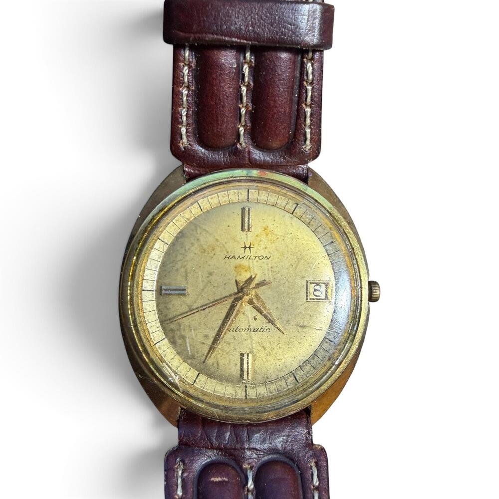 Hamilton Automatic Vintage Date Wristwatch Gold Tone with Brown Leather Strap